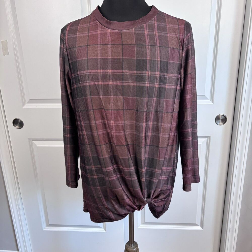 Lily by Firmiana Women's L Plaid Twist Front Top Burgundy Long Sleeve Fall Plaid